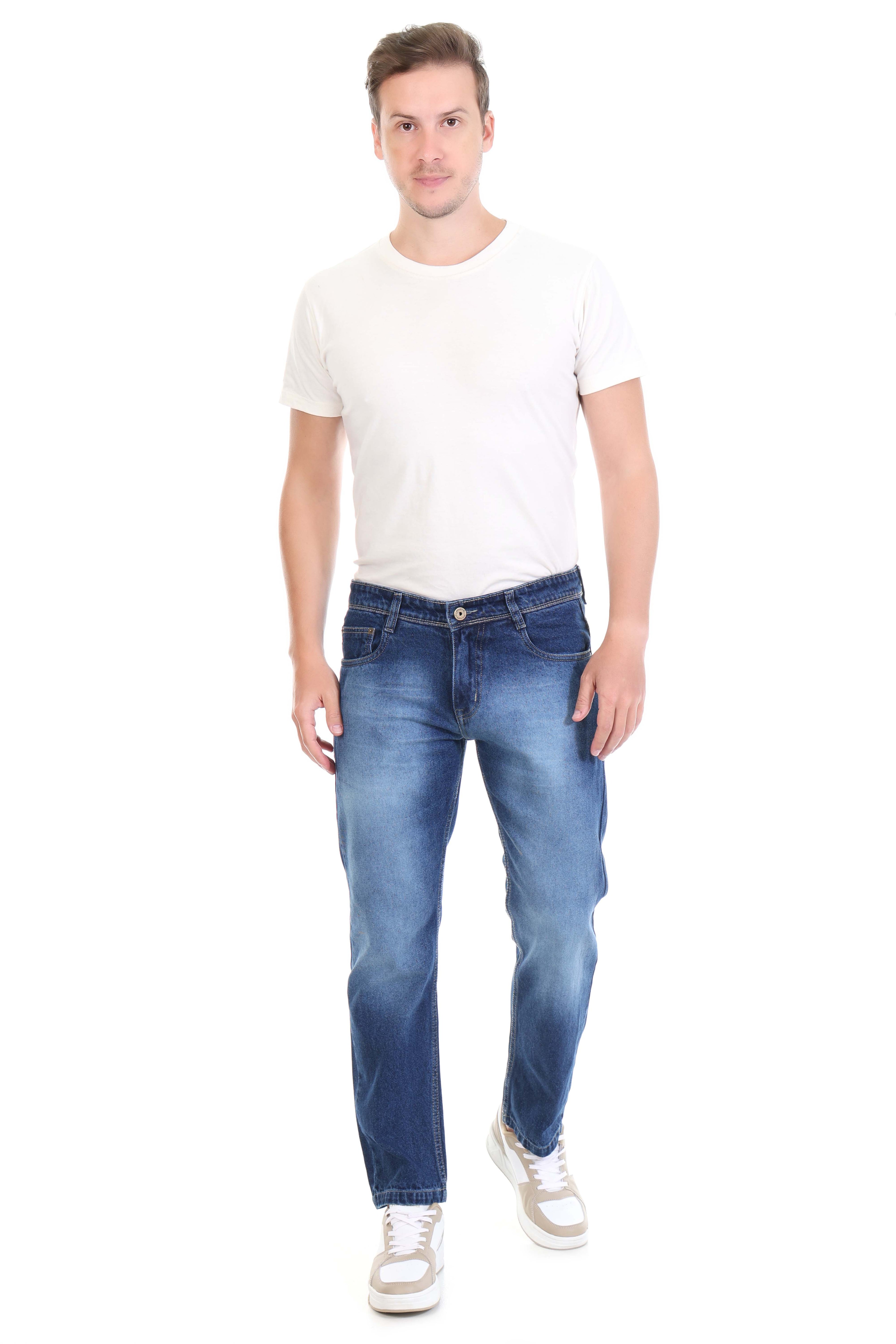 Mens Blue Washed Straight Fit Non-Stretch Cotton Jeans