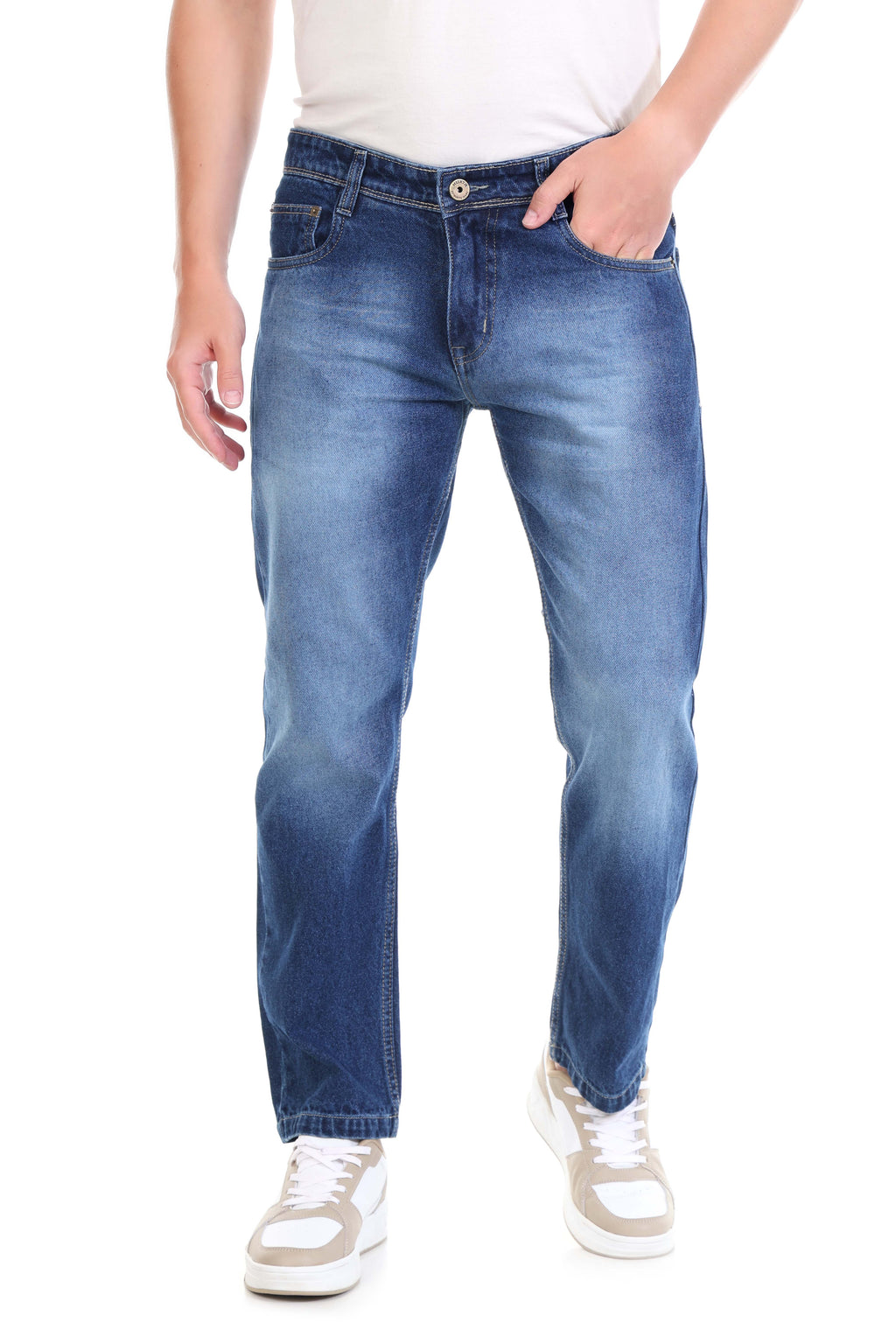 Mens Blue Washed Straight Fit Non-Stretch Cotton Jeans