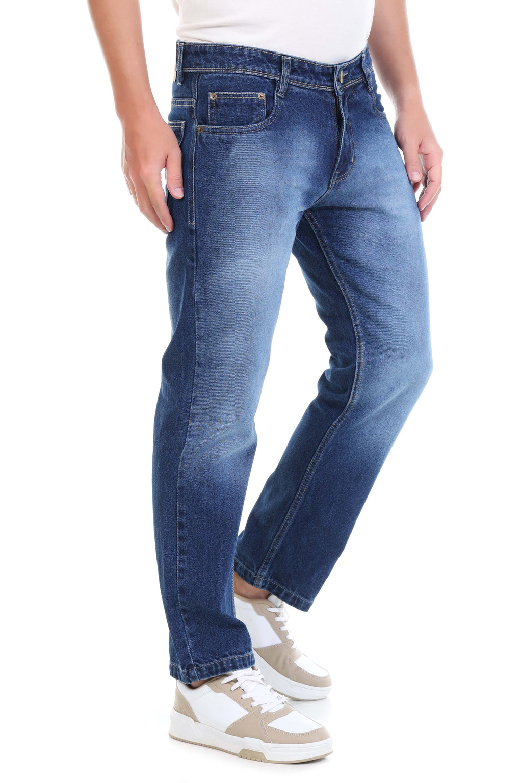 Mens Blue Washed Straight Fit Non-Stretch Cotton Jeans