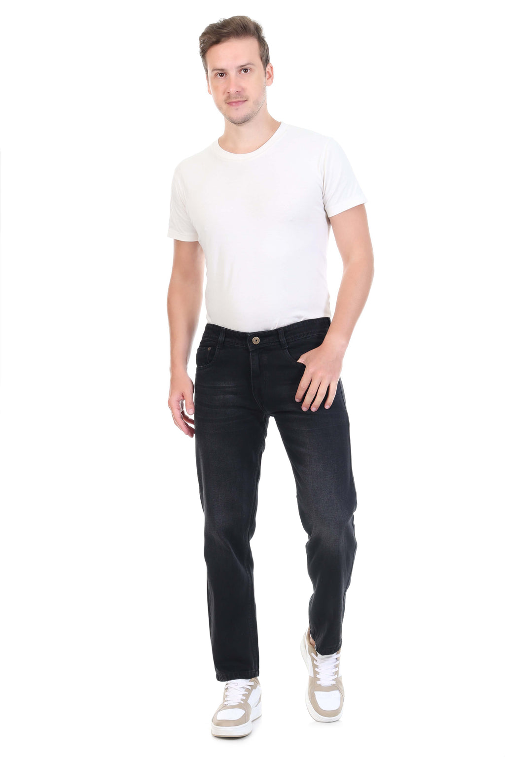 Mens Grey Black Straight Fit Non-Stretch Cotton Jeans