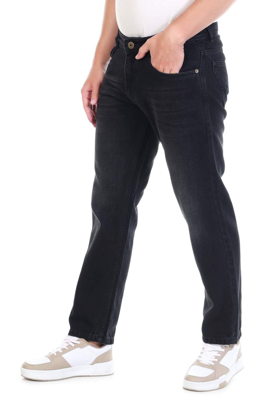 Mens Grey Black Straight Fit Non-Stretch Cotton Jeans